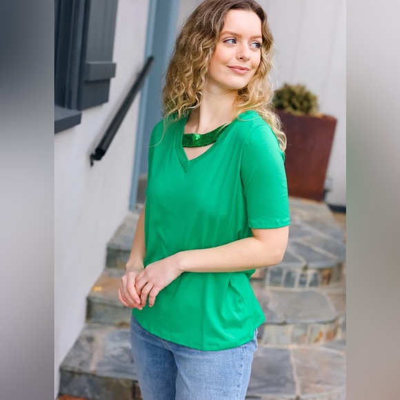 Women’s Asymmetrical Sequins Banded V-Neck Buttery Soft Green Top, short sleeve - Picture 5 of 8